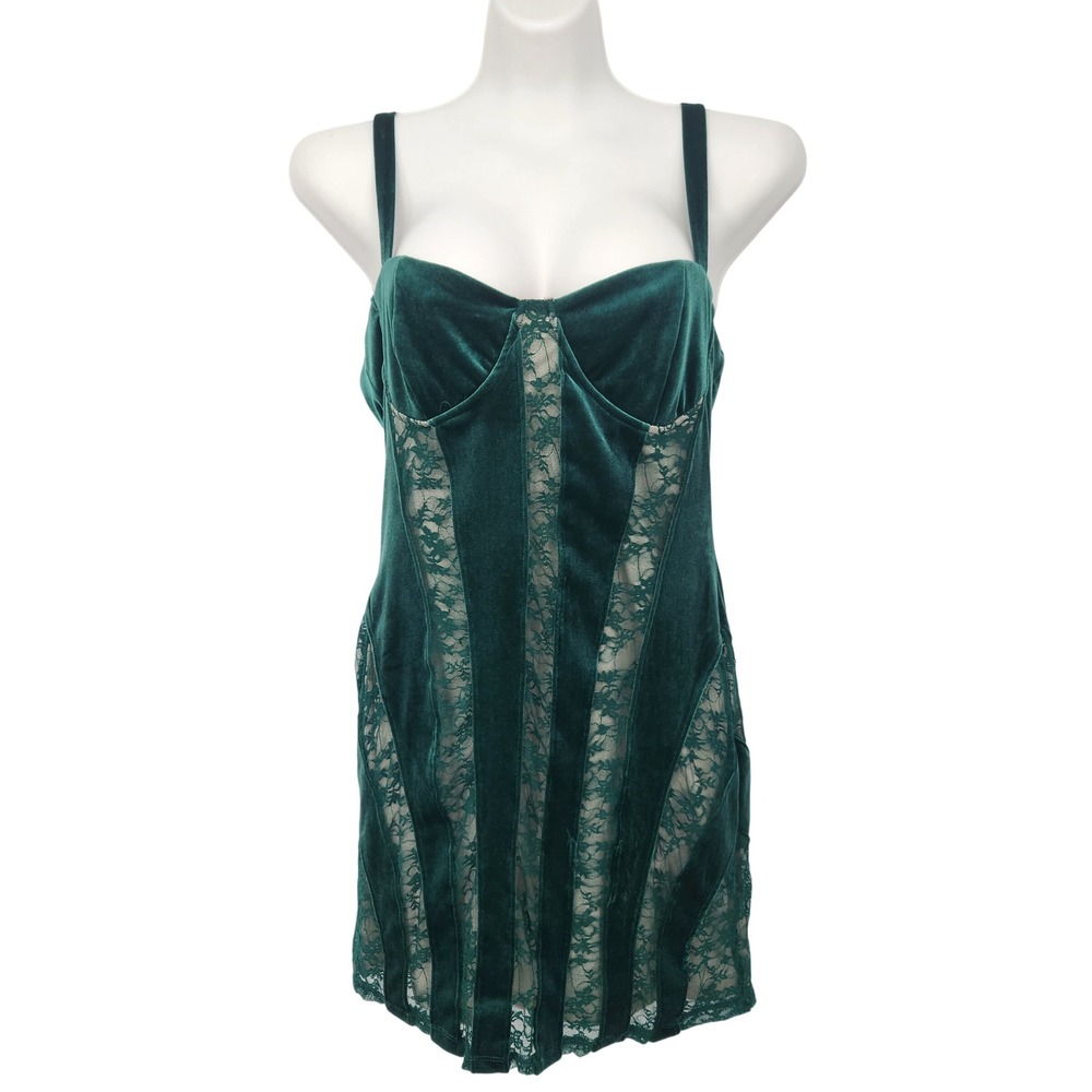 Forever 21 Emerald Velour Lace Panel Bodycon Mini Dress Corset Style Green XL